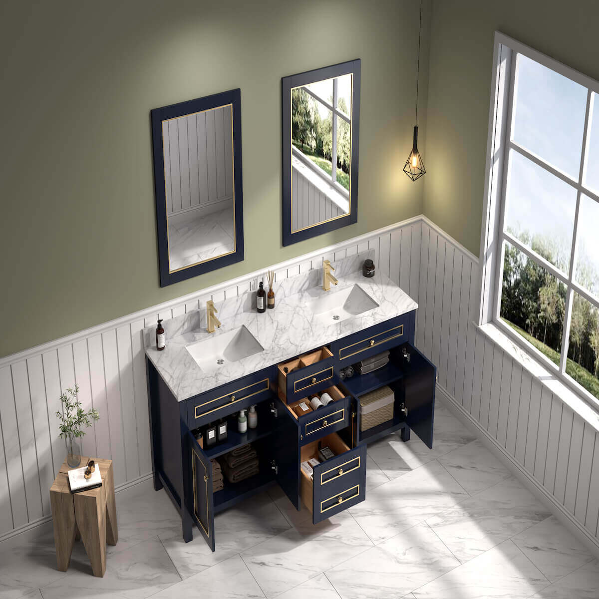Legion Furniture 72" Blue Finish Double Sink Vanity Cabinet with Carrara White Top In Bathroom Open Cabinets and Drawers WV2272-B