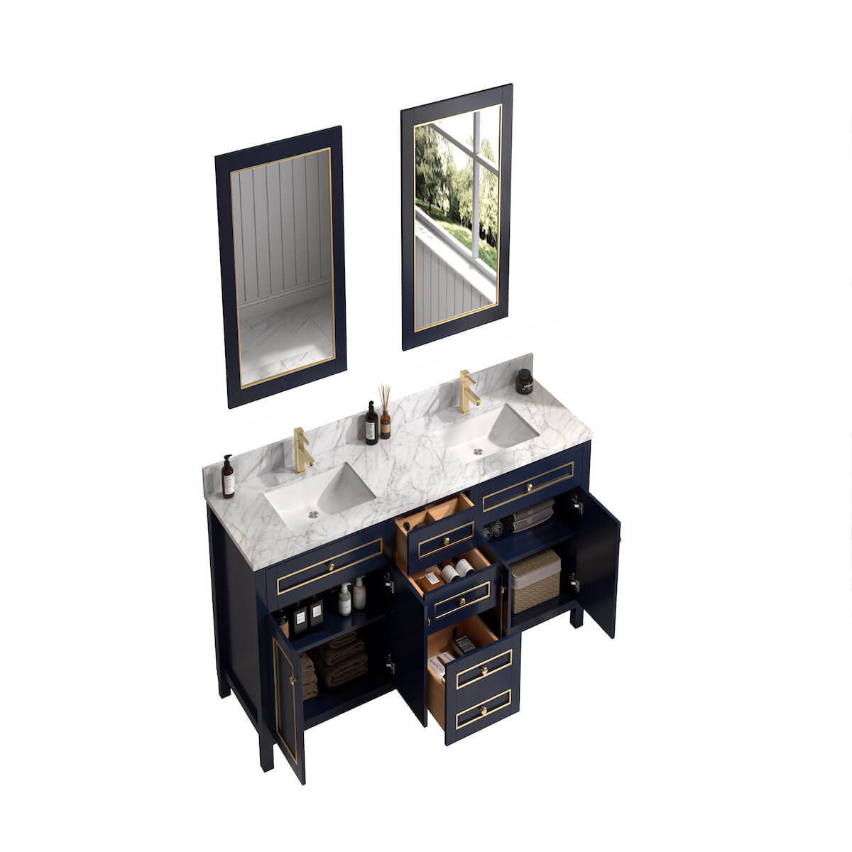 Legion Furniture 72" Blue Finish Double Sink Vanity Cabinet with Carrara White Top Open Cabinets and Drawers WV2272-B