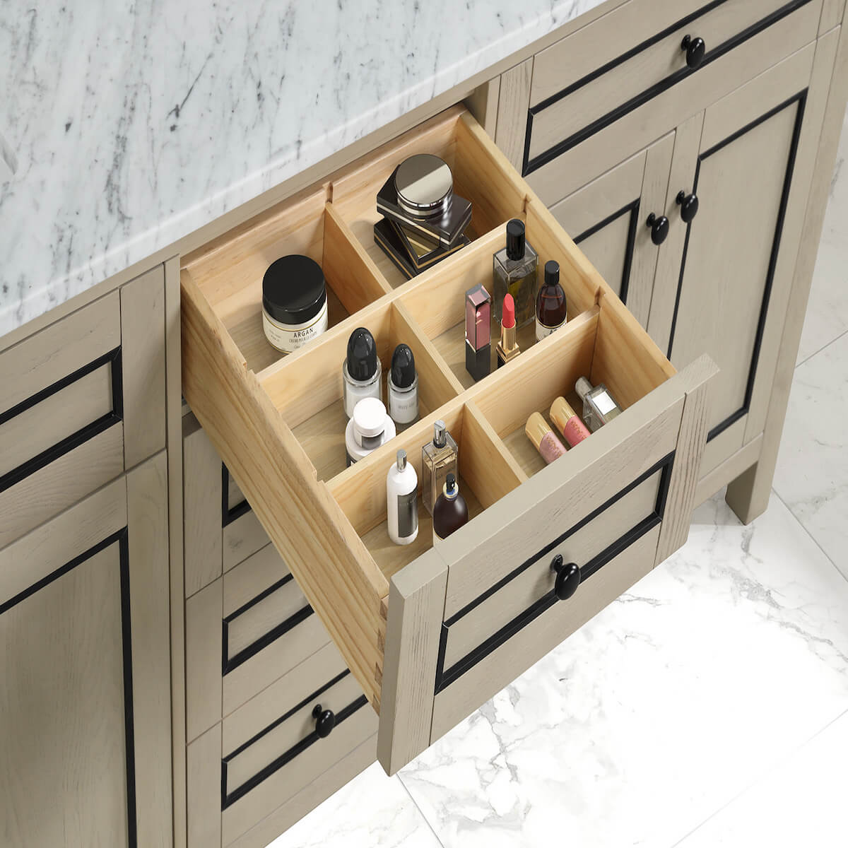 Legion Furniture 72" Light Oak Finish Double Sink Vanity Cabinet with Carrara White Top In Bathroom Inside Drawers WV2272-O