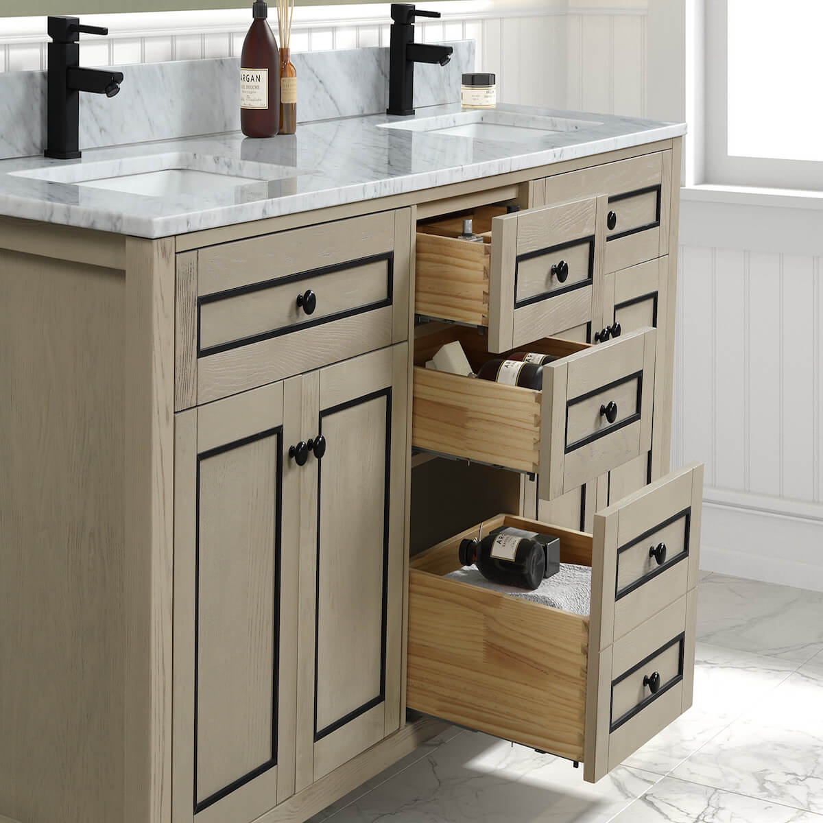 Legion Furniture 72" Light Oak Finish Double Sink Vanity Cabinet with Carrara White Top In Bathroom Dovetails WV2272-O