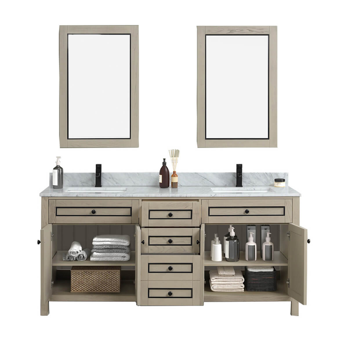 Legion Furniture 72" Light Oak Finish Double Sink Vanity Cabinet with Carrara White Top Inside WV2272-O