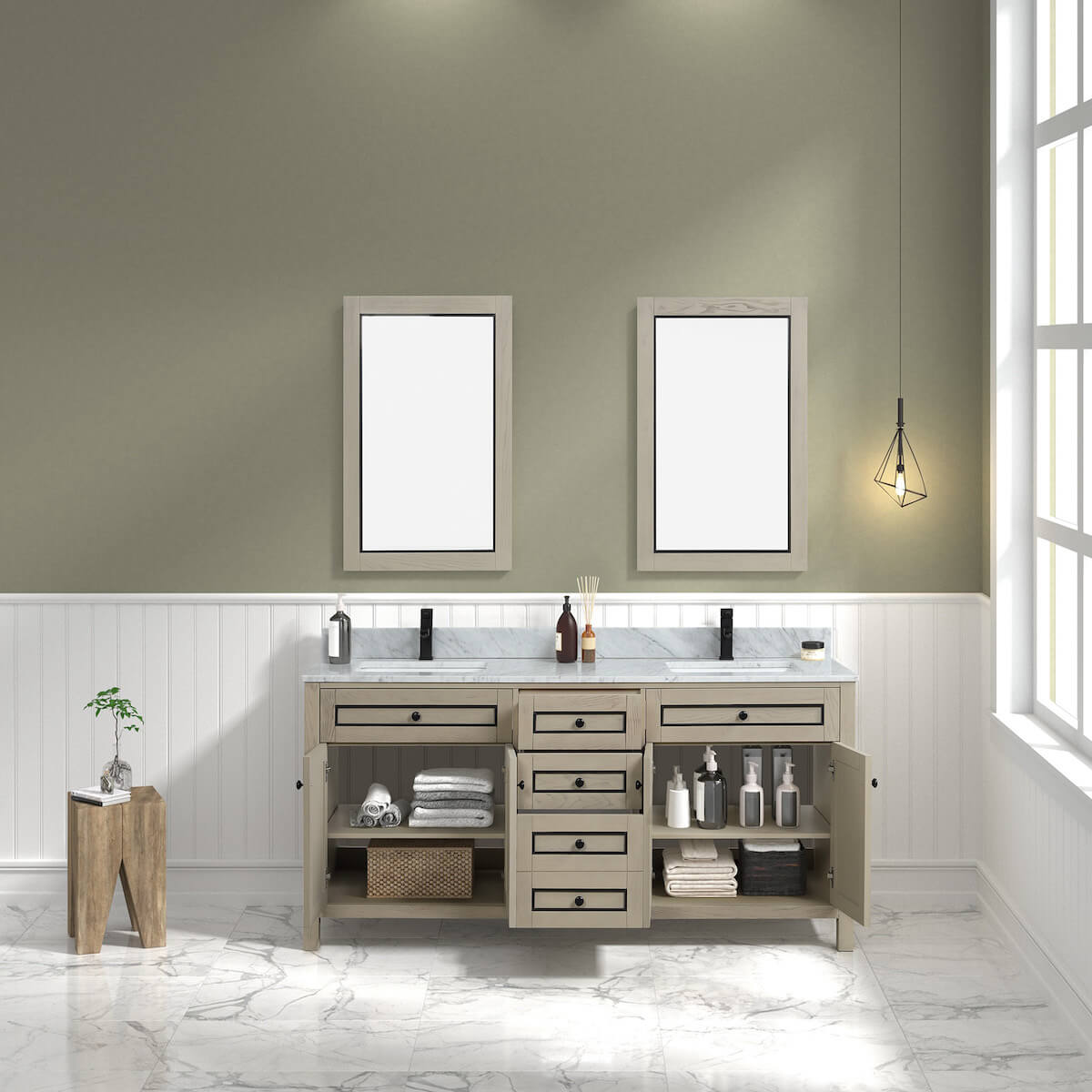 Legion Furniture 72" Light Oak Finish Double Sink Vanity Cabinet with Carrara White Top In Bathroom Inside WV2272-O