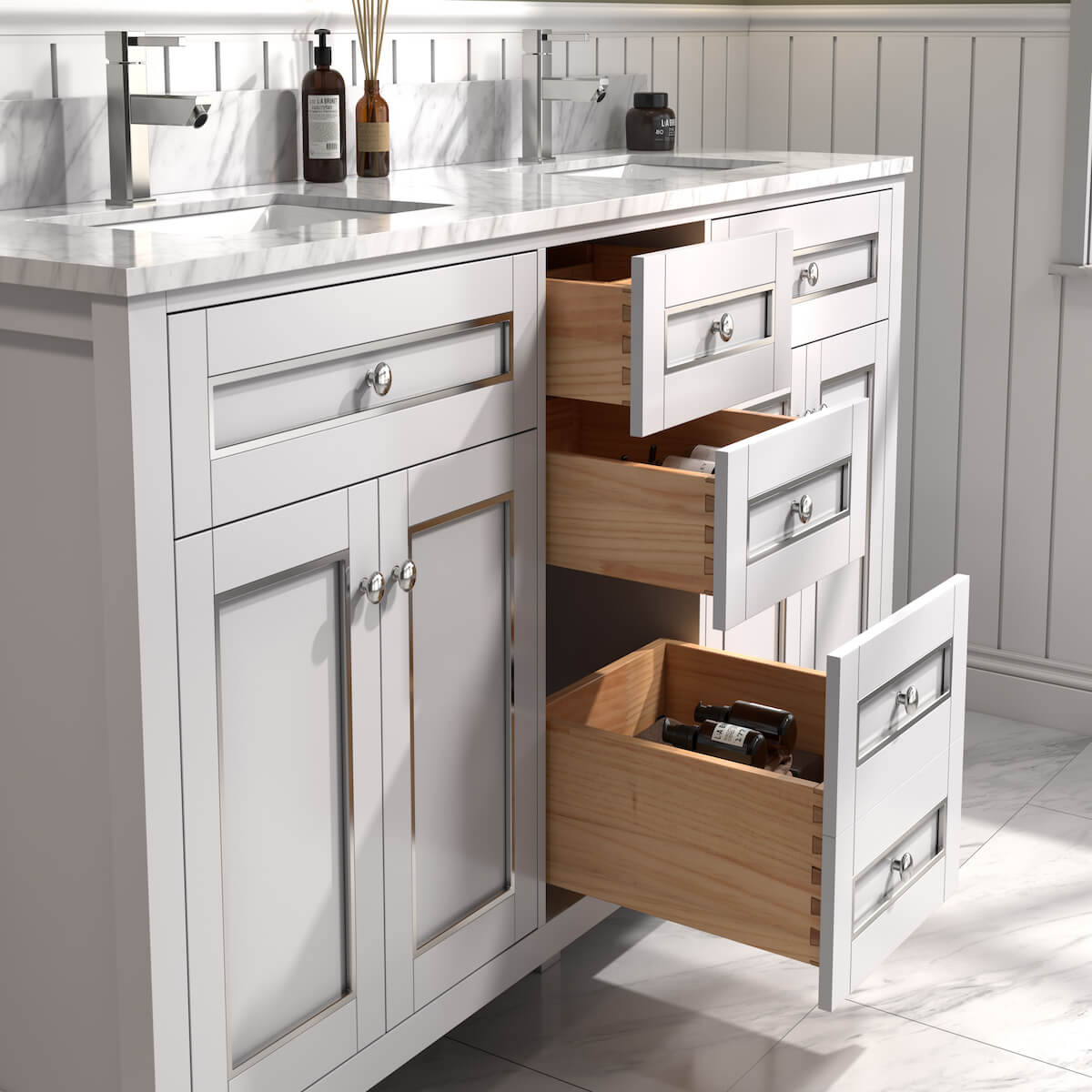 Legion Furniture 72" White Finish Double Sink Cabinet with Carrara White Top In Bathroom Dovetails WV2272-W