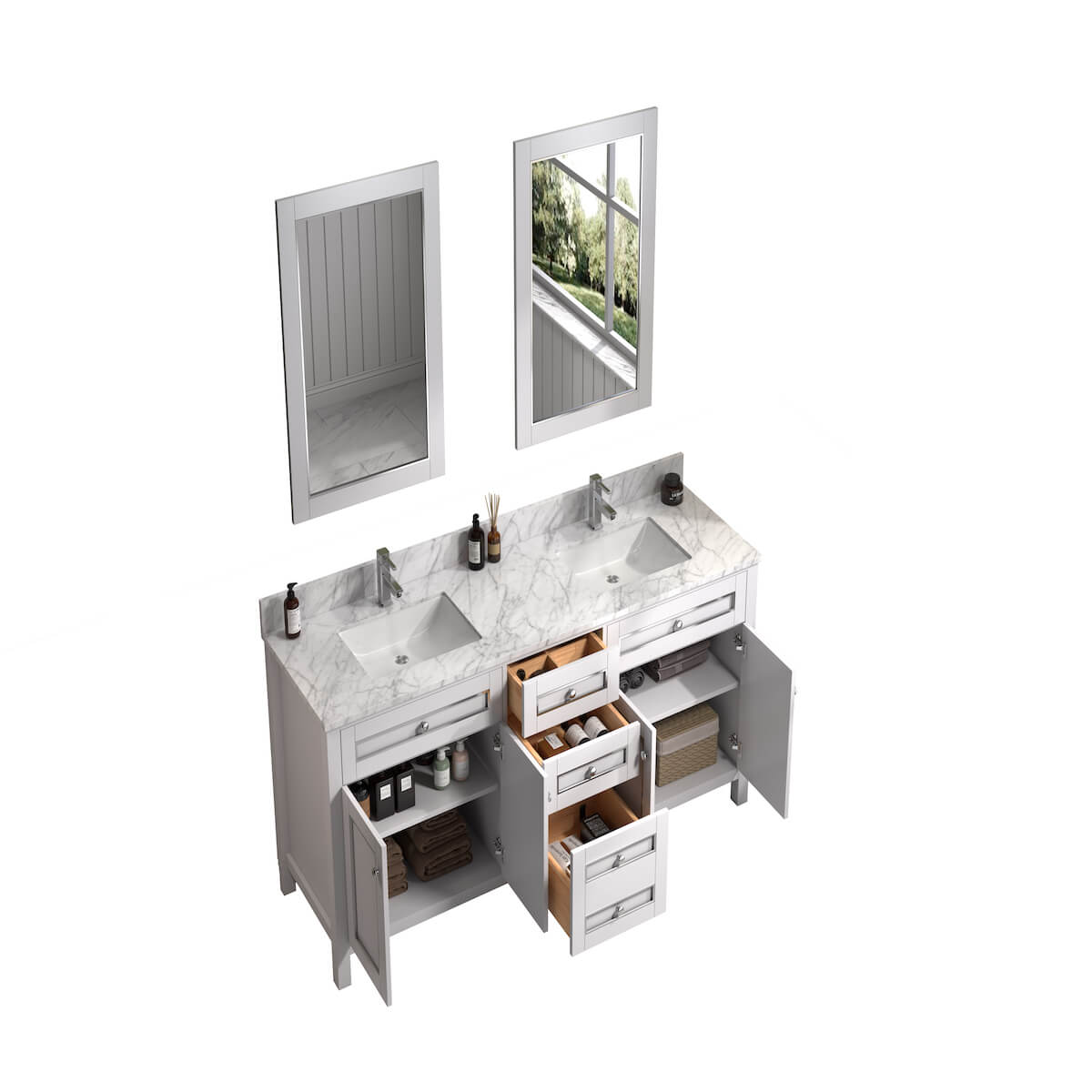 Legion Furniture 72" White Finish Double Sink Cabinet with Carrara White Top Open Cabinets and Drawers WV2272-W